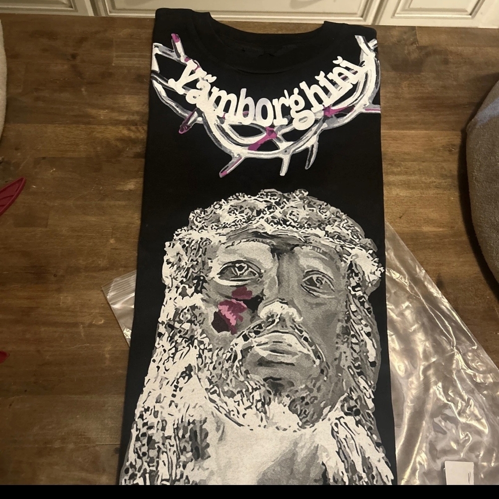 VLONE Yamborghini Black Short Sleeve Graphic Tee with White and Purple Accents